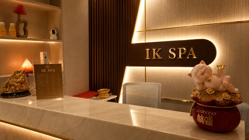 IK Spa Dubai reception with marble desk and gold signage — Business Bay wellness spa